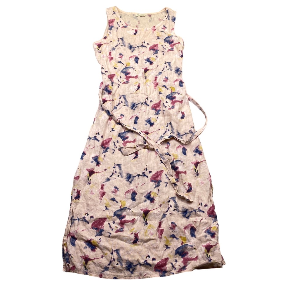 Bellambra Italy 100% Linen‎ Abstract Watercolor Midi Dress Purple Blue XS Boho